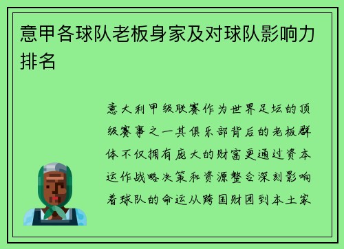意甲各球队老板身家及对球队影响力排名